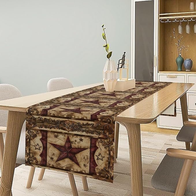 Wild West Table Runner, Rustic Farmhouse Texas Star Vintage Rodeo Cowboy Old Sign Wild West Print Pattern for Home Kitchen Table Decor Dining Coffee Room Garden Party Decor 13x120in