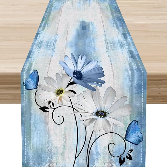 Spring Daisy Table Runner, Farmhouse Seasonal Summer Flower Retro Country Table Center Decor for Home Kitchen Dining Patio Holiday Party Indoor Outdoor Table Decorations, 13"x108" Inch