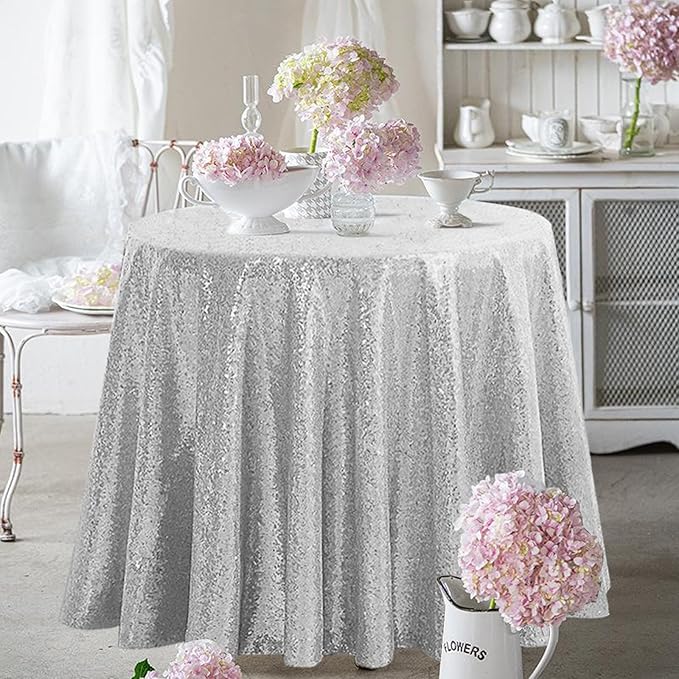 OQSQ Silver 50" Round Sequin Tablecloth, Glitter Tablecloth for Bridal Shower Decorations, Birthday, Wedding, Dessert, Banquet（50X50 inch Round,Silver.