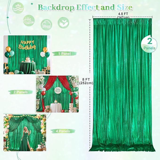 Christmas Backdrop for Photography - 2 Panels 4.8x8FT Emerald Green Backdrop Curtains Shimmer Drapes for Photography Birthdays Weddings Graduations