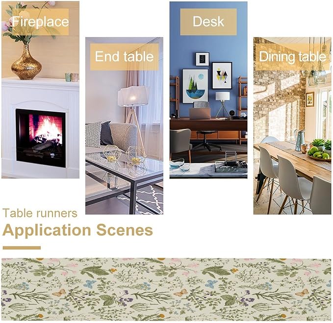 Floral Botanical Table Runner, Garden Spring Flower Botanical Butterfly Animal for Restaurant, Kitchen, Wedding, Party Rectangular Table Runner Decoration,13in（33cm） W * 108in（274cm） L