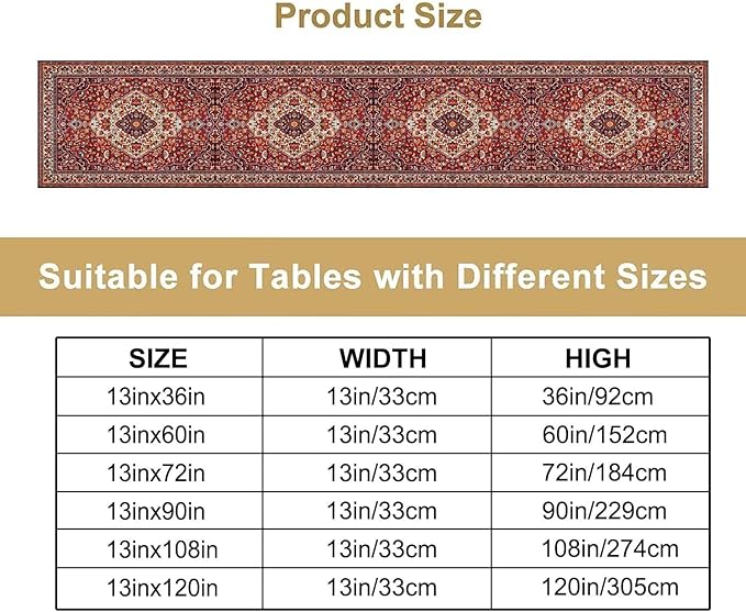 Boho Floral Vintage Table Runner, Paisley Retro Red Flower Rustic Country Farmhouse Abstract Pattern for Home Kitchen Table Decor Dining Coffee Room Party Decor 13x90in