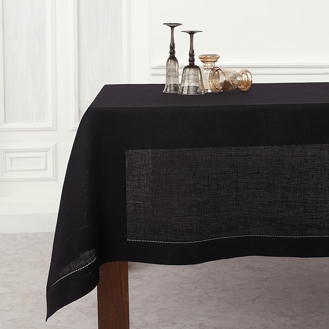 Solino Home Black Linen Tablecloth 52 x 52 Inch - 100% Pure Linen Square Table Throw - Classic Hemstitch, Machine Washable Table Cloth for Fall, Autumn, Halloween, Thanksgiving, Holiday