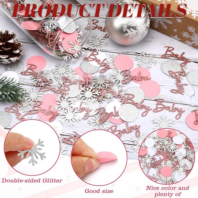 MARFOREVER Winter Baby Shower Table Confetti, 200 Pcs Glitter Pink Silver Snowflake Table Decorations Winter Gender Reveal Sprinkle for Winter Birthday Party Baby Shower Decorations(Pink)