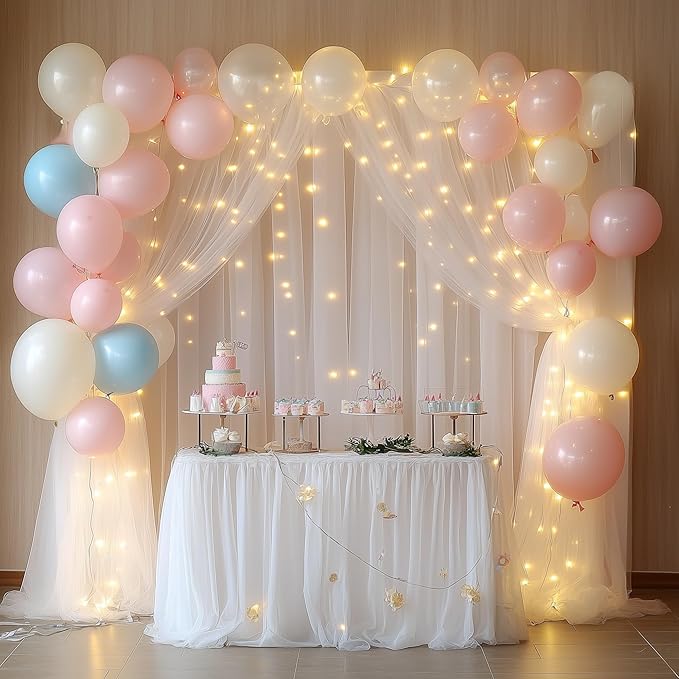 Tulle Backdrop Curtain with Lights String 10FT X 10FT White Sheer Tulle Backdrop Curtains for Wedding Birthday Party Reception Photo Booth Background Decorations (2 Panels 5x10FT)