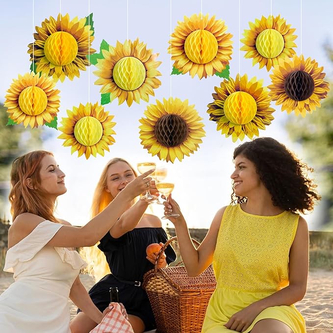 SUNBEAUTY 9 PCS 10 Inches Sunflower Decorations for Party 3D Large Honeycomb Hanging Paper Decorations Birthday Yellow Ceiling Wall Tissue Flowers Summer Fall Sunflower Farm Paper Flowers Decorations