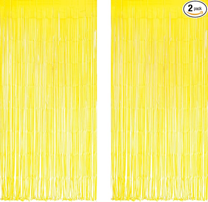 Yellow Streamers Party Backdrop - GREATRIL Foil Fringe for Pineapple/Lemon/Truck/Race Birthdays Party Decoration - 3.2ft X 8.2ft - 2 Packs