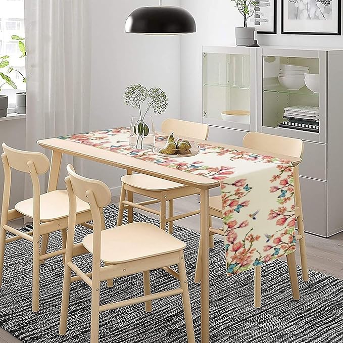 Spring Floral Bird Table Runner, Watercolor Pink Flower Plants Nature Butterfly Table Runner for Kitchen Dinner Living Room Home Party, 13x90 Inch