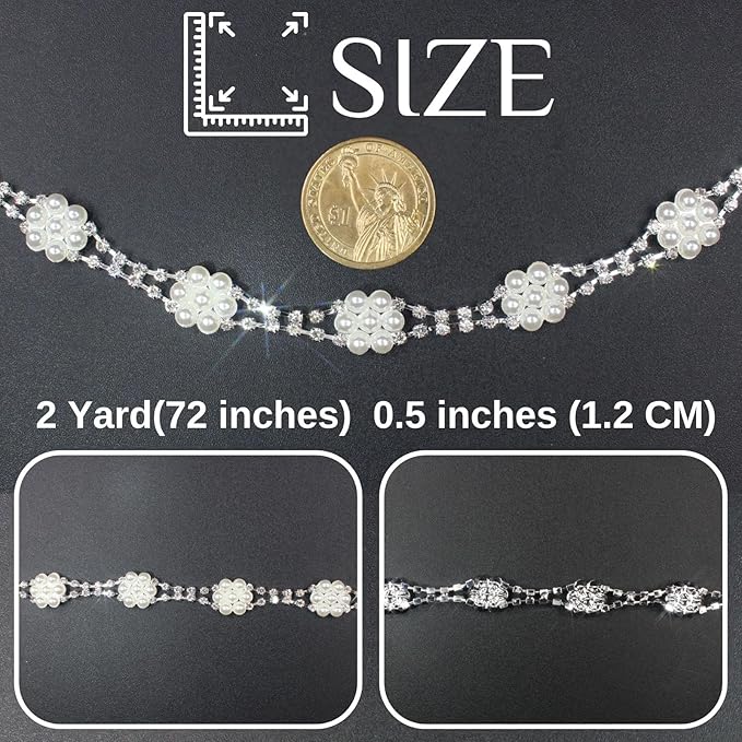 PEARLY JUN 2 Yards Pearl Rhinestone Trim Chain Silver Crystal Fringe Diamond Applique Ribbon String Tassel Strip for Sewing Wedding Dress Crafting Crafts Flower Embellishments