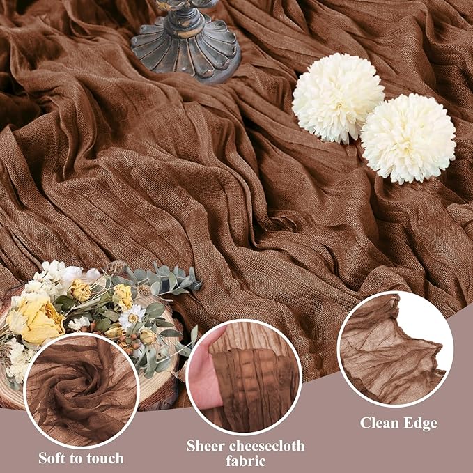Asee'm 12pcs Cheesecloth Table Runner 120 Inches Long Brown Boho Gauze Cheese Cloth Runner 10FT Rustic Sheer Fall Table Runners for Thanksgiving Christmas Wedding Party Baby Shower Decoration