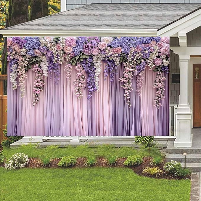 6x6ft Purple Flower Wedding Photography Backdrop Lavender Floral Wedding Bridal Photography Backdrop Anniversary Birthday Baby Shower Girl Party Banner Photo Booth Props Background Wall Decor