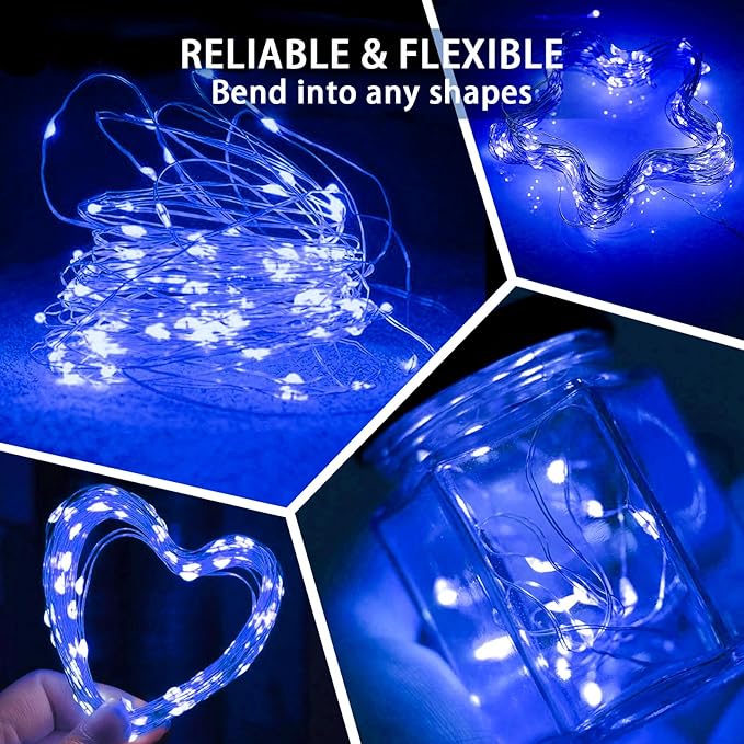 50 Pack Blue Fairy Lights 7Ft 20 LED Twinkle String Lights 3 Modes Battery Operated Waterproof Firefly Starry for Mason Jar Party Wedding Christmas Valentines Day Table Centerpieces