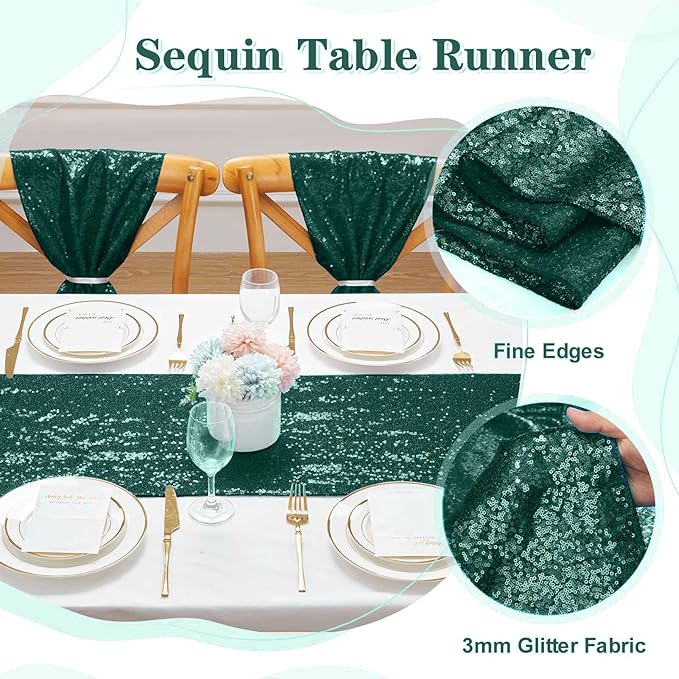 Sequin Table Runners 12 Pieces Emerald Green Table Runners 12x108 Inch Glitter Dining Table Cover for Party Wedding Birthday Reception Banquet Decoration Spring Party Chair Sashes