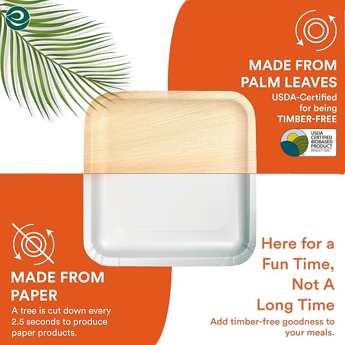 ECO SOUL Compostable 7 & 10 Inch Palm Leaf Square Plates (100 Count) Like Bamboo Plates | Biodegradable | Eco-Friendly, Microwave & Oven Safe - Party Pack