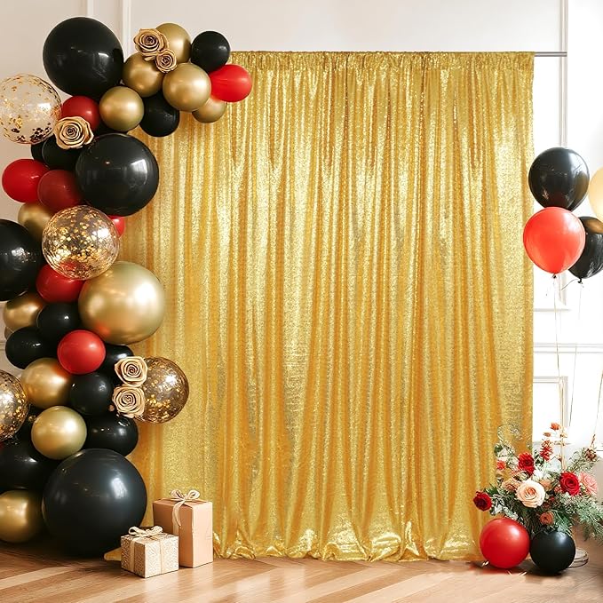 SquarePie Sequin Backdrop Curtain Not See Through Background for Wedding Party 7FT x 7FT Gold