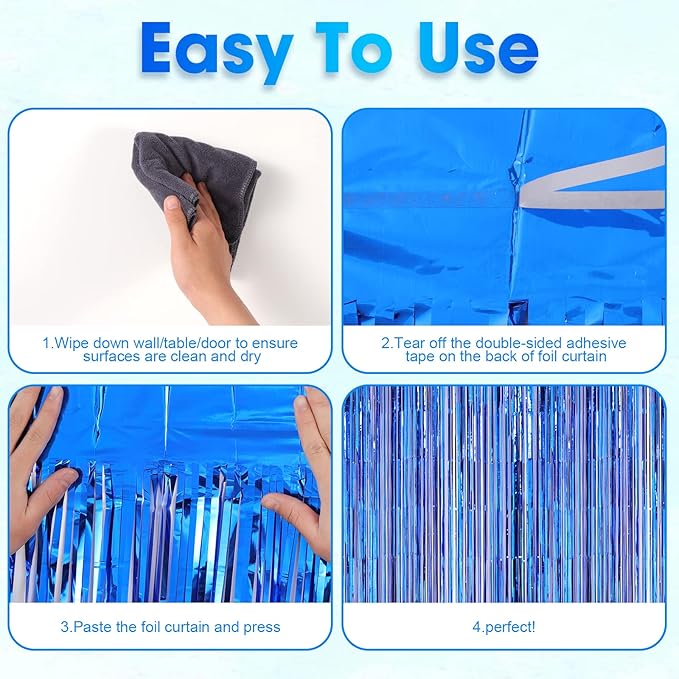 4 Pack Blue Foil Fringe Backdrop Curtains, Tinsel Streamers Birthday Party Decorations, Fringe Backdrop for Graduation, Baby Shower, Gender Reveal, Disco Party