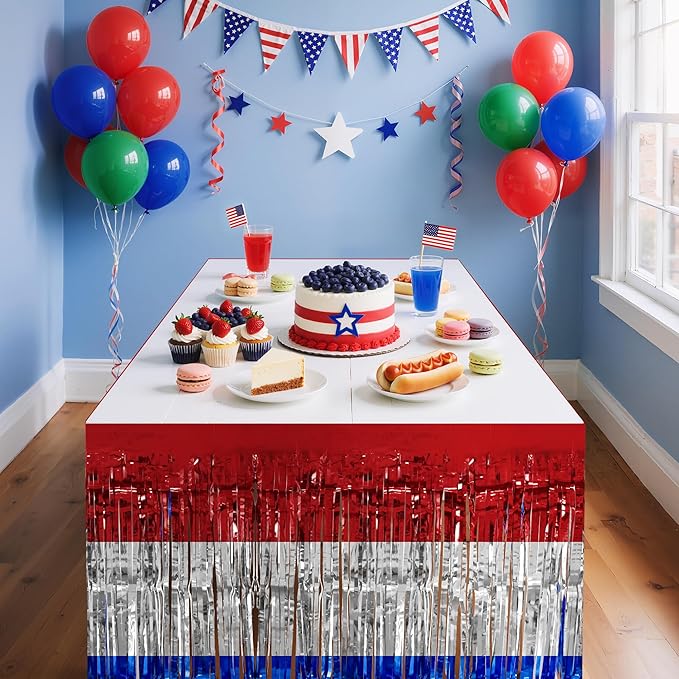 2 Pack Red&White&Blue Table Skirts, 29x108" Metallic Foil Tinsel Fringe Table Skirt for Rectangle Tables Streamer Curtains Backdrop, Party Decorations for Birthdays, Weddings, Holidays
