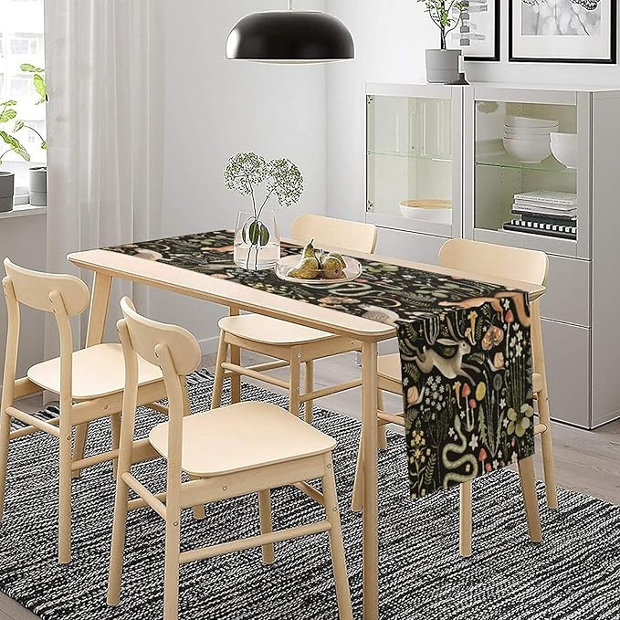 Mushroom Table Runner,Vintage Boho Forest Wild Animal Wildflower Botanical Plants Pattern Print Burlap Hotel Indoors Outdoor Dining Room Kitchen Holiday Party, 13x80in