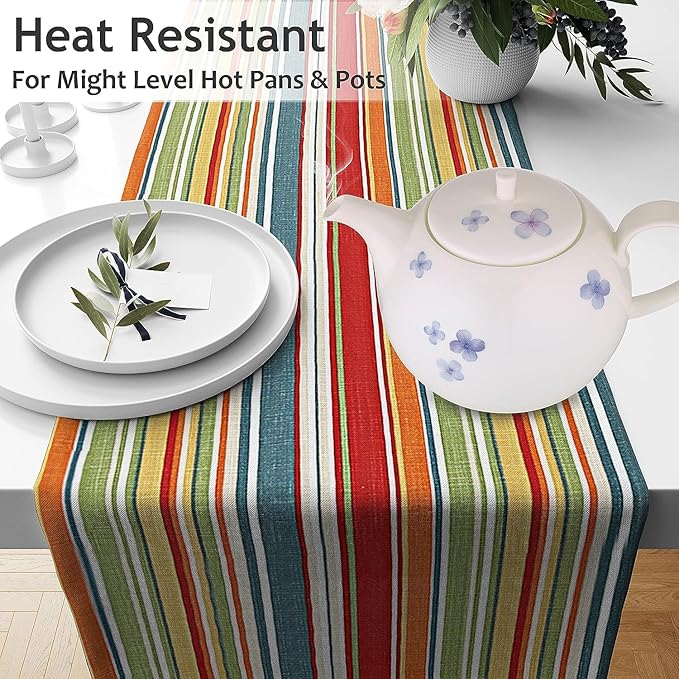 Ruvanti 100% Cotton Table Runner 108 Inches Long, Non-Slip, Stain Resistant, Washable & Reusable Table Runners Perfect for Wedding, Parties, Christmas, Holiday, in-Door use - Multi Stripe
