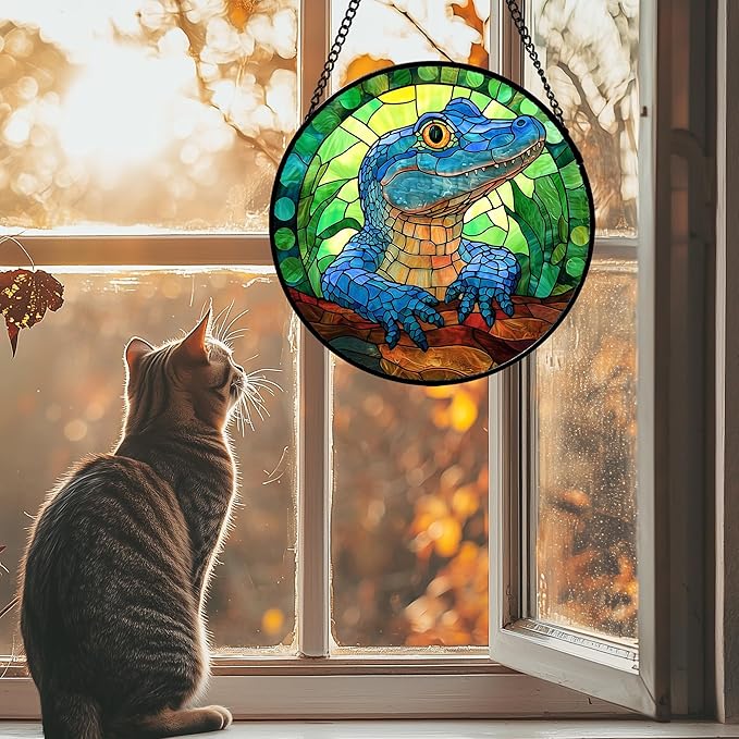 Stained Glass Window Hanging, Blue Alligator Sun Catcher for Window Door Home Decor Green Brown Suncatcher Christmas Mother's Day Birthday Gifts for Women Men Mom and Nana 11.8 in