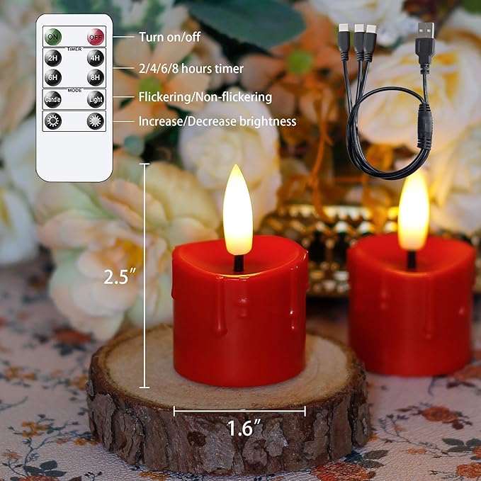 Rechargeable Flameless 1.6" x2.5" Tea Light Candles with Remote & Type-C Charging Cable, Timer LED Flickering Burgundy Plastic 6pcs Mini Dripping Wax Votive Tealight Candles