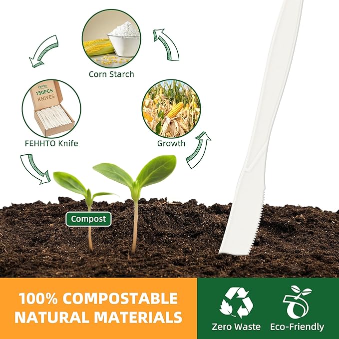 100% Compostable Knives, 7.7" 150pcs Large Disposable Cornstarch Cutlery Heavy Duty Eco-Friendly Utensils Durable and BPI-Certified Party Supplies No Plastic, Ivory White