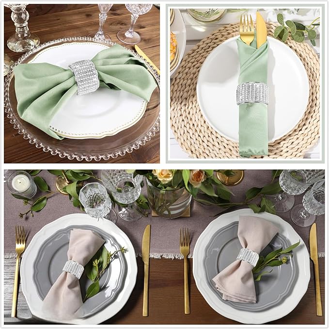 Silver Pearls 6pcs Napkin Rings Rhinestone Crystal Glass Framed Napkin Holder Handmade Serviette Buckles for Christmas, Easter, Thanksgiving Day Wedding Banquet Home Party Decoration Dining Table