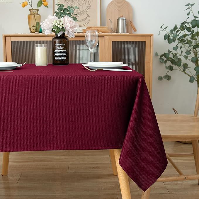 Biscaynebay Textured Fabric Christmas Square Table Cloth 60x60 Square, Burgundy Water Resistant Tablecloths for Dining, Kitchen, Wedding, Parties etc. Machine Washable