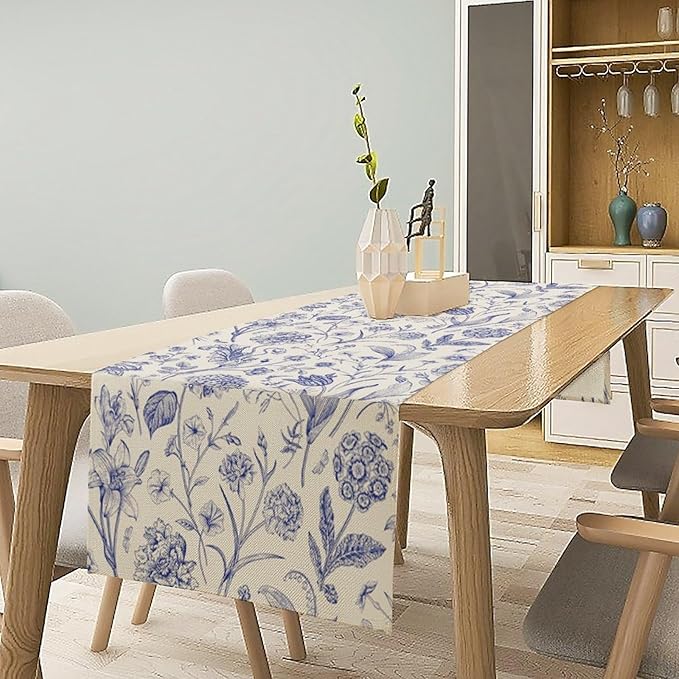 Monochrome Sketch Flowers Table Runner, Seasonal Spring Fall Plants Blue Florals Dinner Runner for Home Kitchen Dining Table Party Holiday Decoration 13"x108"