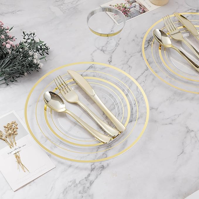 BESTVIP 300PCS Plastic Dinnerware Set (50 Guests), Clear Gold Disposable Plates for Party, Wedding, Christmas, Anniversary, Includes: Dinner Plates, Dessert Plates, Cups, Spoons, Forks and Knives