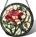 Stained Glass Window Hanging, Red Rose Flowers Sun Catcher for Door Garden Home Decor Suncatcher Christmas Mother's Day Birthday Gifts for Women Lovers Men Wife Girlfriend Mom Nana 9.8 in