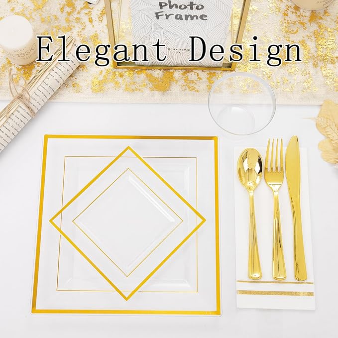 Festiva 350Pcs Clear Plastic Plates with Gold rim - Clear Gold Disposable Dinnerware for 50 Guests include 100 Square Plastic Plates 50Cups 50Cutlery 50Napkins Perfect for Thanksgiving Party&Wedding