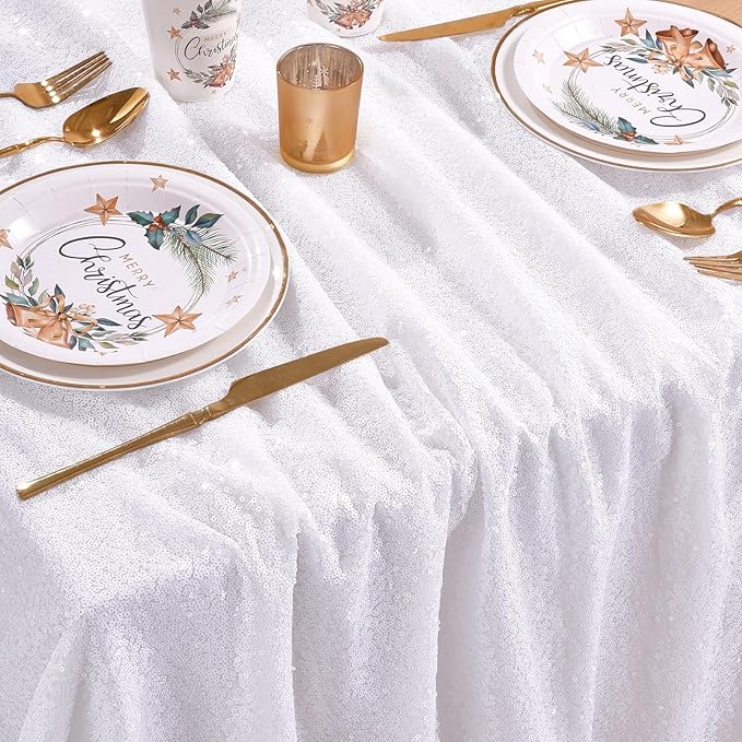 QueenDream Sparkly Sequin Tablecloth - White Table Cloth 50x80 Inches Rectangle Table Overlay Fabric for Birthday Parties Baby Shower Decoration