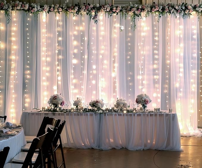 White Tulle Backdrop Curtain with Lights String for Parties Wedding Bridal Shower Sheer White Curtain Backdrop for Birthday Baby Shower Photo Booth Photography Background Decorations 20ft x 8ft