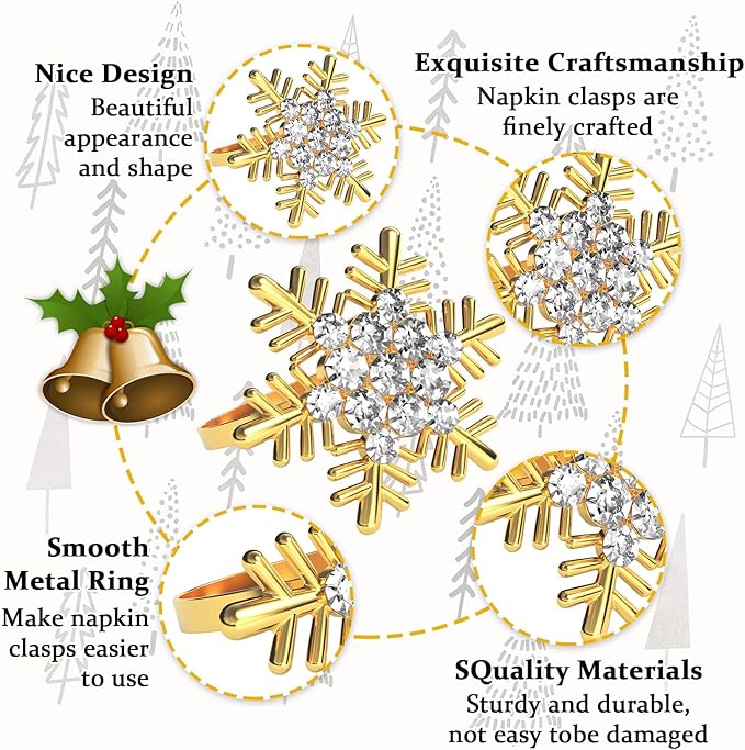 Halatool Christmas Napkin Rings Set of 6, Gold Snowflake with White Rhinestone Napkin Holder for Christmas Thanksgiving Winter Holiday Place Setting, Weddings, Party Table Decoration