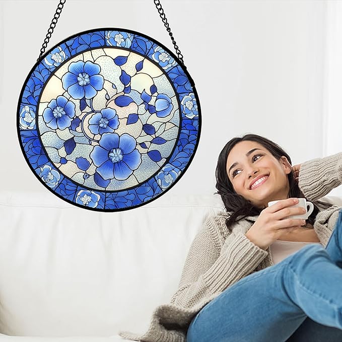 Stained Glass Window Hanging, Blue and White Plum Blossom Sun Catcher for Door Home Decor Flowers Suncatcher Christmas Mother's Day Birthday Gifts for Women Men Mom and Nana 9.8 in