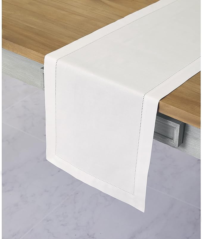 Solino Home White Table Runner 36 Inches - Cotton Linen Hemstitch Coffee Table Runner 14 x 36 Inch Ideal for Dresser Tables - Fall, Autumn, Halloween, Thanksgiving, Christmas, Holiday