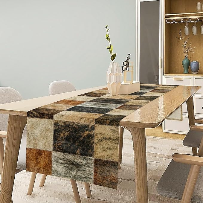 Rustic Cow Skin Patchwork Print Table Runner, Farmhouse Country Western Style Fur Table Cover for Dinning Home Party Holidays Home Setting, 13x90 Inch