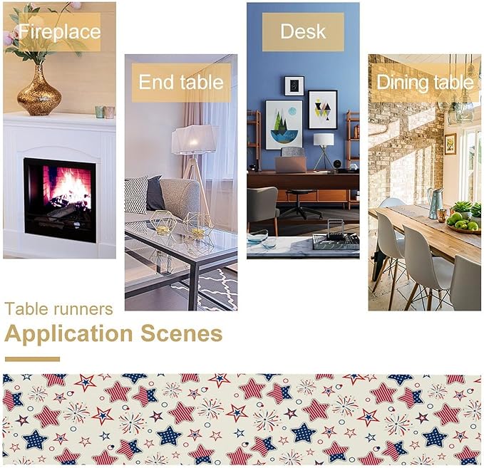 4th of July Table Runner, American Patriotic Independence Day Red Blue White Stars Stripes Fireworks Print Table Runner for Home Party Decor Kitchen Dining Table, 13x70inch