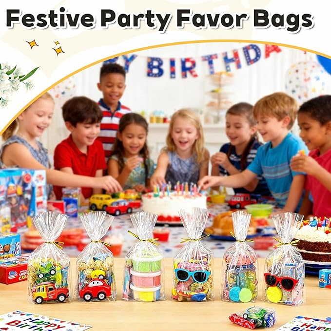 PigPotParty 6"x 9", 100Pcs Bottom Gusset Bags, Clear Plastic Cellophane Treat Goodie Bags with Ties for Party Favor, Candy, Cookie, Popcorn, Small Gift Wrapping (No Side Gusset)