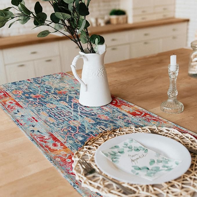 Snycler Table Runner Boho Table Runners Vintage Elegant Farmhouse Table Center Linen Decor for Home Dining Party Entrance (13x108 Inch) Boho-Blue&Red