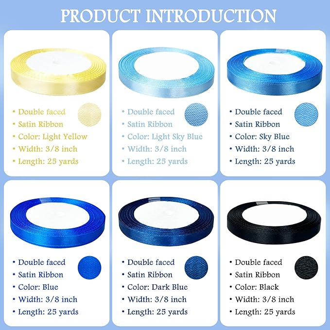 3/8" 6 Colors X 25 Yards Blue Satin Ribbon,150 Yards Assorted Blue Colors Satin Ribbons for Flower Bouquet,Ribbons for Gift Wrapping Happy Birthday Party Decorations