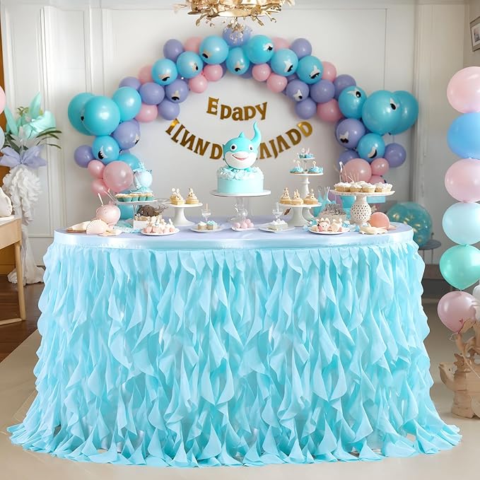 PARTISKY Aqua Blue Tulle Curly Willow Table Skirt for Rectangle Table 9ft, Ruffle Tutu Table Cloth for Boys Baby Shower,Birthday Party Candy Cake Tables
