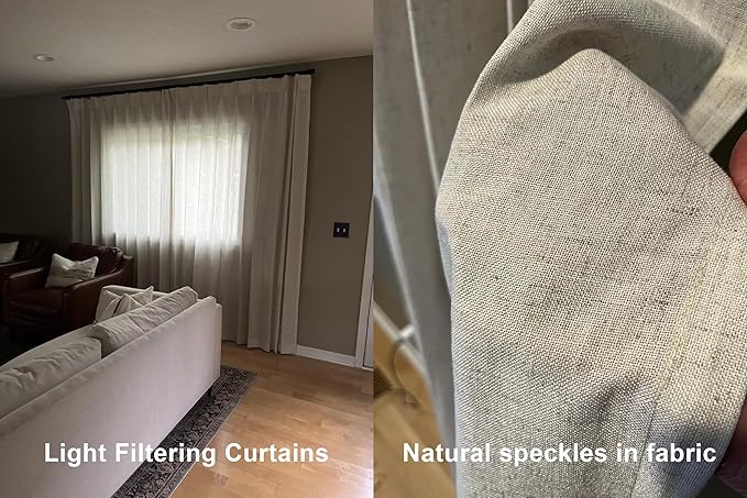 Vision Home Natural Pinch Pleated Semi Sheer Curtains Textured Linen Blended Light Filtering Window Curtains for Living Room Bedroom Pinch Pleat Drapes with Hooks 2 Panels 42" Wx63 L