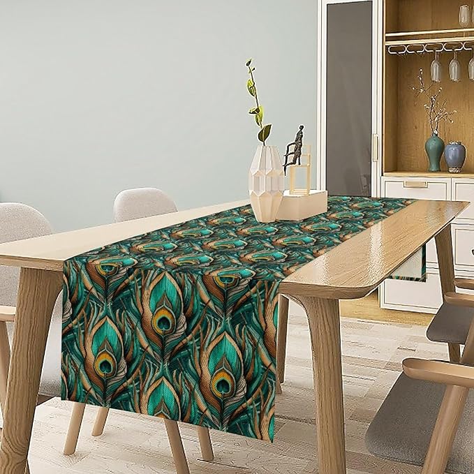 Peacock Feather Table Runner,Retro Aesthetic Green Table Runner for Home Kitchen Dining Party Indoor Outdoor Decoration 13x108 Inch