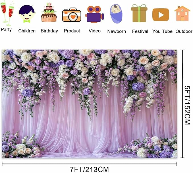 20x10ft Purple Lavender Floral Bridal Backdrop Wedding Flower Photography Backdrop for Girl Portrait Baby Shower Birthday Party Decor Banner Mother's Day Party Wall Backdrop Studio Photo Backgrounds