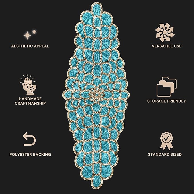 Beaded Table Runner 13 x 36 Inches - Handmade Decorative Dining Table Centerpiece with Glass Beads & Polyester Back, Elegant Runner for Weddings, Parties & Holiday Décor (Blue & Gold) - CLEENTABLE