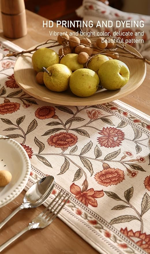 ISAENNE Designer Elegant Linen Table Runner 102 Inches Long,Vintage Orange Floral Pattern Table Runners for Dining Tables,Kitchen Decor,Thanksgiving,Christmas,Banquet,12"*102"-Alvarado A