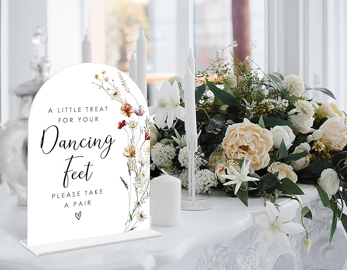 Boho Floral Dancing Feet Sign, 6 x 8 Inch White Arch Acrylic Wedding Sign with Holder, Wedding Sign for Ceremony and Reception, Wedding Decoration, Wedding Supplies - BX24