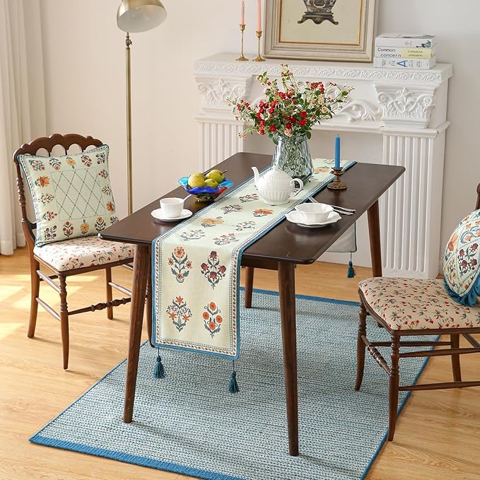 ISAENNE Designer Light Green Linen Table Runner 102 Inches Long,French Floral Patterns Elegant Table Runner for Dining Tables,Thanksgiving,Kitchen Tables,Christmas,12"*102"-Floralsea B